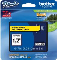 Brother TZe631 Extra Strength Adhesive 12mm x 8m (0.47 in x 26.2 ft) Black Print on Yellow Tape, UPC 012502625940, For Use With GL-100, PT-1000, PT-1000BM, PT-1010, PT-1010B, PT-1010NB, PT-1010R, PT-1010S, PT-1090, PT-1090BK, PT-1100, PT1100SB, PT-1100SBVP, PT-1100ST, PT-1120, PT-1130, PT-1160, PT-1170, PT-1180, PT-1190 (TZE-631 TZE 631 TZ-E631) 