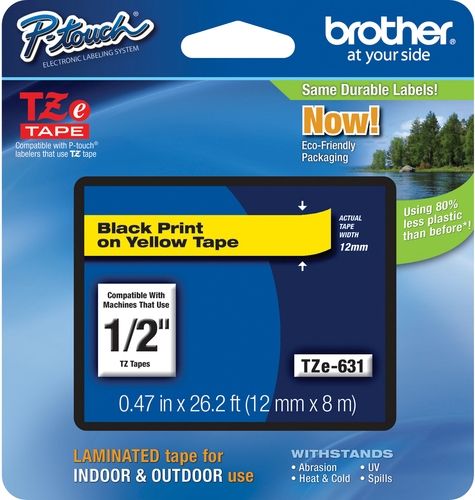 Brother TZe631 Extra Strength Adhesive 12mm x 8m (0.47 in x 26.2 ft) Black Print on Yellow Tape, UPC 012502625940, For Use With GL-100, PT-1000, PT-1000BM, PT-1010, PT-1010B, PT-1010NB, PT-1010R, PT-1010S, PT-1090, PT-1090BK, PT-1100, PT1100SB, PT-1100SBVP, PT-1100ST, PT-1120, PT-1130, PT-1160, PT-1170, PT-1180, PT-1190 (TZE-631 TZE 631 TZ-E631)