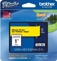 Brother TZe651 Standard Laminated 24mm x 8m (0.94 in x 26.2 ft) Black Print on Yellow Tape, UPC 012502625964, For Use With PT-1400, PT-1500PC, PT-1600, PT-1650, PT-2200, PT-2210, PT-2300, PT-2310, PT-2400, PT-2410, PT-2430PC, PT-2500PC, PT-2600, PT-2610, PT-2700, PT-2710, PT-2730, PT-2730VP, PT-330, PT-350, PT-3600, PT-520 (TZE-651 TZE 651 TZ-E651) 