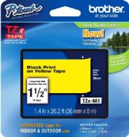Brother TZe661 Standard Laminated 36mm x 8m (1.40 in x 26.2 ft) Black Print on Yellow Tape, For Use With PT-3600, PT-530, PT-9200DX, PT-9200PC, PT-9400, PT-9500PC, PT-9600, PT-9700PC, PT-9800PCN, UPC 012502625971 (TZE-661 TZE 661 TZ-E661) 