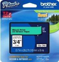Brother TZe741 Standard Laminated 18mm x 8m (0.70 in x 26.2 ft) Black Print on Green Tape, UPC 012502625988, For Use With PT-1300, PT-1400, PT-1500, PT-1500PC, PT-1600, PT-1650, PT-1700, PT-1760, PT-1800, PT-1810, PT-1830, PT-1830C, PT-1830SC, PT-1830VP, PT-1880, PT-1880C, PT-1880SC, PT-1880W, PT-18R, PT-18RKT, PT-1900 (TZE-741 TZE 741 TZ-E741) 