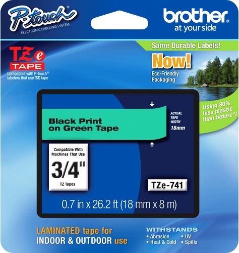 Brother TZe741 Standard Laminated 18mm x 8m (0.70 in x 26.2 ft) Black Print on Green Tape, UPC 012502625988, For Use With PT-1300, PT-1400, PT-1500, PT-1500PC, PT-1600, PT-1650, PT-1700, PT-1760, PT-1800, PT-1810, PT-1830, PT-1830C, PT-1830SC, PT-1830VP, PT-1880, PT-1880C, PT-1880SC, PT-1880W, PT-18R, PT-18RKT, PT-1900 (TZE-741 TZE 741 TZ-E741)