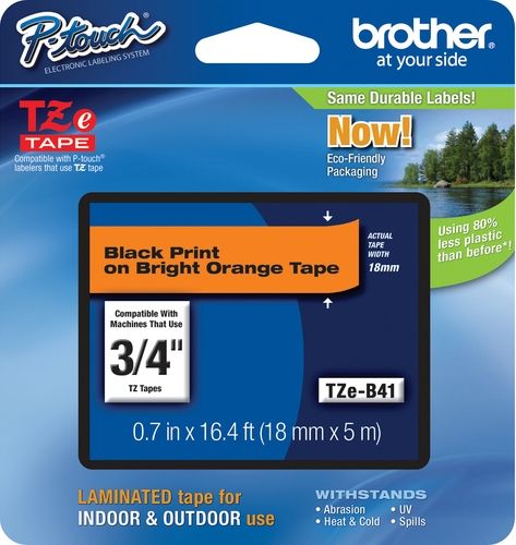Brother TZeB41 Standard Laminated 18mm x 5m (0.7 in x 16.4 ft) Black Print on Bright Orange Tape, UPC 012502626015, For Use With PT-1300, PT-1400, PT-1500, PT-1500PC, PT-1600, PT-1650, PT-1700, PT-1750, PT-1800, PT-1810, PT-1830, PT-1830C, PT-1830SC, PT-1830VP, PT-1880, PT-1880C, PT-1880SC, PT-1880W, PT-18R, PT-18RKT (TZE-B41 TZE B41 TZ-EB41 TZEB-41)