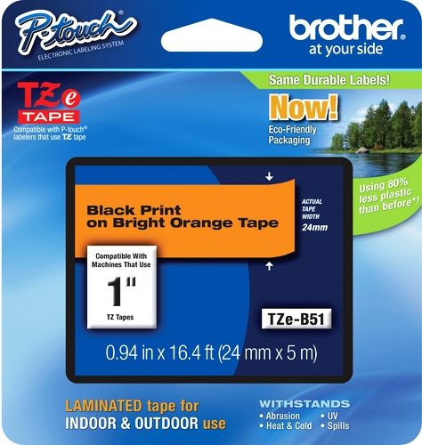 Brother TZeB51 Standard Laminated 24mm x 5m (0.94 in x 16.4 ft) Black Print on Bright Orange Tape, UPC 012502626022, For Use With PT-1400, PT-1500PC, PT-1600, PT-1650, PT-2200, PT-2210, PT-2300, PT-2310, PT-2400, PT-2410, PT-2430PC, PT-2500PC, PT-2600, PT-2610, PT-2700, PT-2710, PT-330, PT-350, PT-3600, PT-520, PT-530 (TZE-B51 TZE B51 TZ-EB51 TZEB-51)