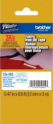 Brother TZeFA3 Iron-On Fabric 12mm x 3m (0.47 in x 9.8 ft) Navy Blue Print on White Tape, UPC 012502054153, For Use With GL-100, PT-1000, PT-1000BM, PT-1010, PT-1010B, PT-1010NB, PT-1010R, PT-1010S, PT-1090, PT-1090BK, PT-1100, PT1100SB, PT-1100SBVP, PT-1100ST, PT-1160, PT-1180, PT-11Q, PT-1200, PT-1230PC, PT-1280 (TZE-FA3 TZE FA3 TZ-EFA3 TZEF-A3)