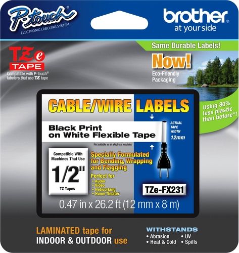 Brother TZeFX231 Flexible ID 12mm x 8m (0.47 in x 26.2 ft) Black Print on White Flexible Tape, UPC 012502626077, For Use With GL-100, PT-1000, PT-1000BM, PT-1010B, PT-1010R, PT-1010S, PT-1090, PT-1090BK, PT-110, PT-1100, PT1100SB, PT-1100SBVP, PT-1100ST, PT-1120, PT-1130, PT-1160, PT-1170, PT-1180, PT-1190 (TZE-FX231 TZE FX231 TZ-EFX231 TZEF-X231 TZEFX-231)