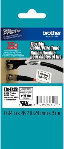 Brother TZeFX251 Flexible ID 24mm x 8m (0.94 in x 26.2 ft) Black Print on White Tape, UPC 012502626107, For Use With PT-1400, PT-1500PC, PT-1600, PT-1650, PT-2200, PT-2210, PT-2300, PT-2310, PT-2400, PT-2410, PT-2430PC, PT-2500PC, PT-2600, PT-2610, PT-2700, PT-2710, PT-2730, PT-2730VP, PT-330, PT-350, PT-3600 (TZE-FX251 TZE FX251 TZEF-X251 TZEFX-251)