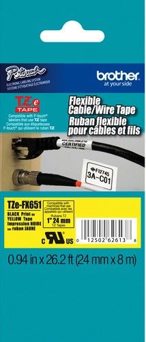 Brother TZeFX651 Flexible ID 24mm x 8m (0.94 n x 26.2 ft) Black Print on Yellow Tape, UPC 012502626138, For Use With PT-1400, PT-1500PC, PT-1600, PT-1650, PT-2200, PT-2210, PT-2300, PT-2310, PT-2400, PT-2410, PT-2430PC, PT-2500PC, PT-2600, PT-2610, PT-2700, PT-2710, PT-2730, PT-2730VP, PT-330, PT-350, PT-3600 (TZE-FX651 TZE FX651 TZEF-X651 TZEFX-651)