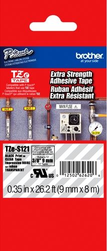 Brother TZeS121 Extra Strength Adhesive 9mm x 8m (0.35 in x 26.2 ft) Black Print on Clear Tape, UPC 012502626206, For Use With GL-100, PT-1000, PT-1000BM, PT-1010B, PT-1010R, PT-1010RDT, PT-1010S, PT-1090, PT-1090BK, PT-110, PT-1100, PT-1100QL, PT1100SB, PT-1100SBVP, PT-1100ST, PT-1120, PT-1130, PT-1160, PT-1170, PT-1170S (TZE-S121 TZE S121 TZ-ES121 TZES-121)