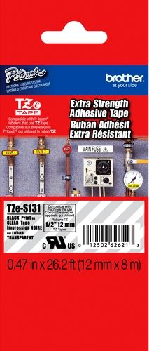 Brother TZeS131 Extra Strength Adhesive 12mm x 8m (0.47 in x 26.2 ft) Black Print on Clear Tape, UPC 012502626213, For Use With GL-100, PT-1000, PT-1000BM, PT-1010, PT-1010B, PT-1010NB, PT-1010R, PT-1010S, PT-1090, PT-1090BK, PT-1100, PT1100SB, PT-1100SBVP, PT-1100ST, PT-1120, PT-1130, PT-1160, PT-1170, PT-1180, PT-1190 (TZE-S131 TZE S131 TZ-ES131 TZES-131)