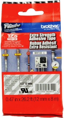 Brother TZeS135 Extra Strength Adhesive 12mm x 8m (0.47 in x 26.2 ft) White Print on Clear Tape, UPC 012502626220, For Use With GL-100, PT-1000, PT-1000BM, PT-1010B, PT-1010R, PT-1010S, PT-1090, PT-1090BK, PT-110, PT-1100, PT1100SB, PT-1100SBVP, PT-1100ST, PT-1120, PT-1130, PT-1160, PT-1170, PT-1180, PT-1190, PT-1200 (TZE-S135 TZE S135 TZ-ES135 TZES-135)