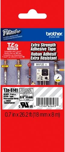 Brother TZeS141 Extra Strength Adhesive 18mm x 8m (0.70 in x 26.2 ft) Black Print on Clear Tape, UPC 012502626237, For Use With PT-1300, PT-1400, PT-1500, PT-1500PC, PT-1600, PT-1650, PT-1700, PT-1750, PT-1800, PT-1810, PT-1830, PT-1830C, PT-1830SC, PT-1830VP, PT-1880, PT-1880C, PT-1880SC, PT-1880W, PT-18R, PT-18RKT (TZE-S141 TZE S141 TZ-ES141 TZES-141)
