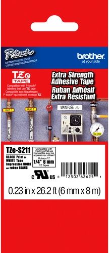 Brother TZeS211 Extra Strength Adhesive 6mm x 8m (0.23 in x 26.2 ft) Black Print on White Tape, UPC 012502626251, For Use With GL-100, PT-1000, PT-1000BM, PT-1010, PT-1010B, PT-1010NB, PT-1010R, PT-1010S, PT-1090, PT-1090BK, PT-1100, PT1100SB, PT-1100SBVP, PT-1100ST, PT-1120, PT-1130, PT-1160, PT-1170, PT-1180, PT-1190 (TZE-S211 TZE S211 TZ-ES211 TZES-211)