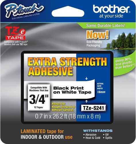 Brother TZeS241 Extra Strength Adhesive 18mm x 8m (0.7 in x 26.2 ft) Black Print on White Tape, UPC 012502626305, For Use With GL-100, PT-1000, PT-1000BM, PT-1010, PT-1010B, PT-1010NB, PT-1010R, PT-1010S, PT-1090, PT-1090BK, PT-1100, PT1100SB, PT-1100SBVP, PT-1100ST, PT-1120, PT-1130, PT-1160, PT-1170, PT-1180, PT-1190 (TZE-S241 TZE S241 TZ-ES241 TZES-241)