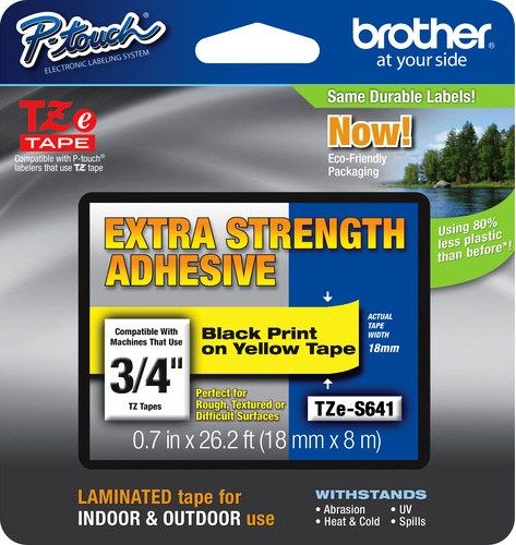 Brother TZeS641 Extra Strength Adhesive 18mm x 8m (0.70 in x 26.2 ft) Black Print on Yellow Tape, UPC 012502626367, For Use With PT-1300, PT-1400, PT-1500, PT-1500PC, PT-1600, PT-1650, PT-1700, PT-1750, PT-1800, PT-1810, PT-1830, PT-1830C, PT-1830SC, PT-1830VP, PT-1880, PT-1880C, PT-1880SC, PT-1880W, PT-18R, PT-18RKT (TZE-S641 TZE S641 TZ-ES641 TZES-641)