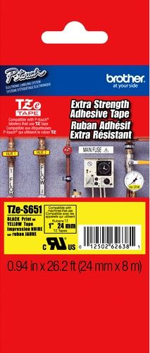 Brother TZeS651 Extra Strength Adhesive 24mm x 8m (0.94 in x 26.2 ft) Black Print on Yellow Tape, UPC 012502626435, For Use With PT-1400, PT-1500PC, PT-1600, PT-1650, PT-2200, PT-2210, PT-2300, PT-2310, PT-2400, PT-2410, PT-2430PC, PT-2500PC, PT-2600, PT-2610, PT-2700, PT-2710, PT-2730, PT-2730VP, PT-330, PT-350 (TZE-S651 TZE S651 TZ-ES651 TZES-651)
