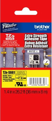 Brother TZeS661 Extra Strength Adhesive 36mm x 8m (1.4 in x 26.2 ft) Black Print on Yellow Tape, For Use With PT-3600, PT-530, PT-550, PT-9200DX, PT-9200PC, PT-9400, PT-9500PC, PT-9600, PT-9700PC, PT-9800PCN, UPC 012502626398 (TZE-S661 TZE S661 TZ-ES661 TZES-661)