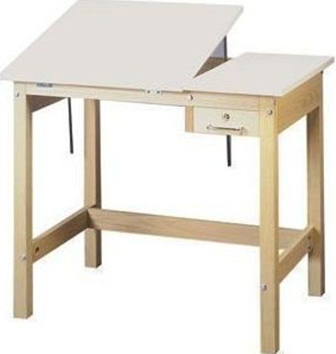 SMI U3042-30STA Split Top Table, Two-piece drawing table with solid oak base, Locking tool drawer - 2.25H x 5.37W x 18.75D inches, Tilt angle up to 65 degrees from horizontal, Pencil rail on thermally fused white melamine top, CPU Compatible, Split Top, Stationar, White Melamine Drawing Surface, UPC 100035876769 (U304230STA U3042-30STA U3042 30STA)