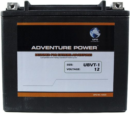UPG Universal Power Group UBVT-1 Adventure Power Lead Acid V-Twin Sealed AGM Battery, 12 Volts, 18 Ah Nominal Capacity (10H-R), 5.4A Recommended Maximum Charging Current Limit, 14.8VDC/Unit Average al 25C Equalization and Cycle Service, HD Terminal, Specially designed as a high-performance battery used for Harley Davidson motorcycles, UPC 806593420238 (UBVT1 UBVT 1 UBV-T1 UB-VT1)