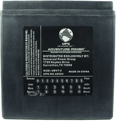 UPG Universal Power Group UBVT-2 Adventure Power Lead Acid V-Twin Sealed AGM Battery, 12 Volts, 30 Ah Nominal Capacity (10H-R), 9.0A Recommended Maximum Charging Current Limit, 14.8VDC/Unit Average al 25C Equalization and Cycle Service, HD Terminal, Specially designed as a high-performance battery used for Harley Davidson motorcycles, UPC 806593420245 (UBVT2 UBVT 2 UBV-T2 UB-VT2)