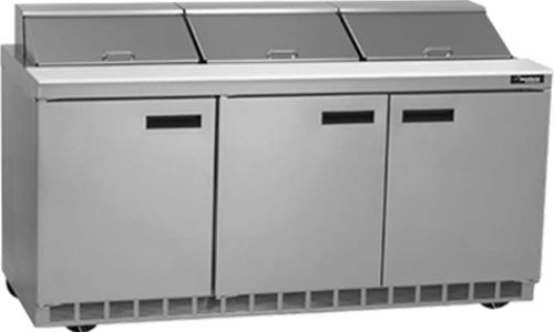 Delfield UC4472N-12 Three Door Reduced Height Refrigerated Sandwich Prep Table, 12 Amps, 60 Hertz, 1 Phase, 115 Volts, 12 Pans - 1/6 Size Pan Capacity, Doors Access, 24.8 cu. ft. Capacity, Swing Door Style, Solid Door, 1/2 HP Horsepower, 3 Number of Doors, 3 Number of Shelves, Air Cooled Refrigeration, Counter Height Style, Standard Top, 72