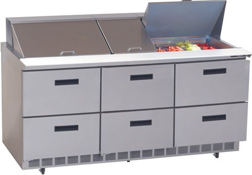 Delfield UC4472N-30M Six Door Mega Top Reduced Height Refrigerated Sandwich Prep Table, 12 Amps, 60 Hert, 1 Phase, 115 Volts, 30 Pans - 1/6 Size Pan Capacity, Doors Access, 24.8 cu. ft. Capacity, Bottom Mounted Compressor Location, Front Breathing Compressor Style, 1/2 HP Horsepower, 6 Number of Drawers, Air Cooled Refrigeration, Counter Height Style, Mega Top , 72