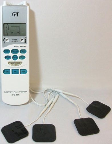 Sunpentown UC-570 Electronic Pulse Massager; Dual-channel for simultaneous use on two users or the ability to use 4 pads; 5 auto programs; 3 massage modes; Liquid crystal display; Intensity range 0-80 volts; Pulse rate 0-120 Hz adjustable; Pulse width 0-200 us; Timer: 15 minutes; Electrodes 1.5 x 1.5, 4/pkg; FDA approved; UPC 876840004856 (UC570 UC 570)