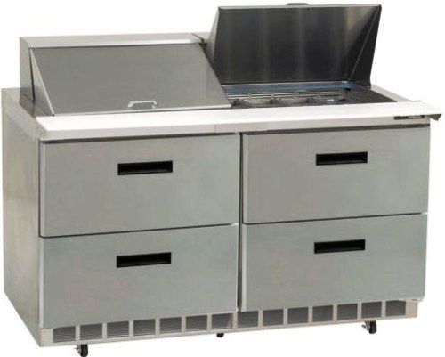 Delfield UCD4464N-24M Four Drawer Reduced Height Refrigerated Sandwich Prep Table, 12 Amps, 60 Hertz, 1 Phase, 115 Volts, 24 Pans - 1/6 Size Pan Capacity, Drawers Access, 20.2 cu. ft. Capacity, 1/2 HP Horsepower, 4 Number of Drawers, Air Cooled Refrigeration, Counter Height Style, Mega Top, 34.25