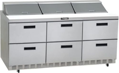 Delfield UCD4472N-18 Six Drawer Reduced Height Refrigerated Sandwich Prep Table, 12 Amps, 60 Hertz, 1 Phase, 115 Volts, 18 Pans - 1/6 Size Pan Capacity, Drawers Access, 24.8 cu. ft. Capacity, 1/2 HP Horsepower, 6 Number of Drawers, Air Cooled Refrigeration, Counter Height Style, 72