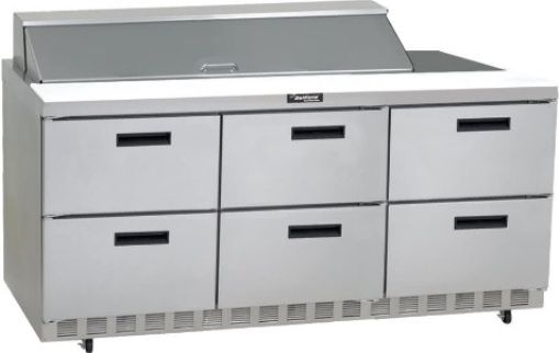 Delfield UCD4472N-18M Six Drawer Mega Top Reduced Height Refrigerated Sandwich Prep Table, 12 Amps, 60 Hertz, 1 Phase, 115 Volts, 18 Pans - 1/6 Size Pan Capacity, Drawers Access, 24.8 cu. ft. Capacity, 1/2 HP Horsepower, 6 Number of Drawers, Air Cooled Refrigeration, Counter Height Style, Mega Top, 34.25