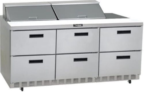 Delfield UCD4472N-24M Six Drawer Mega Top Reduced Height Refrigerated Sandwich Prep Table, 12 Amps, 60 Hertz, 1 Phase, 115 Volts, 24 Pans - 1/6 Size Pan Capacity, Drawers Access, 24.8 cu. ft. Capacity, 1/2 HP Horsepower, 6 Number of Drawers, Air Cooled Refrigeration, Counter Height Style, Mega Top, 34.25