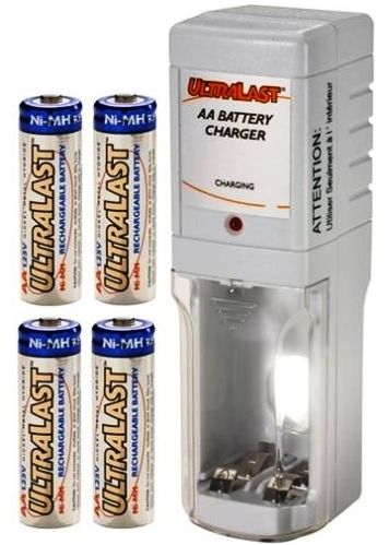 Ultralast UL-4AAK; Battery Charger Satrter Kit Includes four 2000mAh AA NiMH batteries, Overnight Charger Kit, Batteries charge up to 1000 times (UL4AAK UL 4AAK UL4AA UL-4AA UL4-AAK)