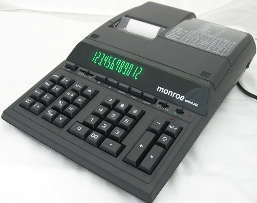 Monroe ULTIMATE Professional Heavy Duty Desktop Print/Display Calculator, Black, 12 Digit Print/Display, 24 Digit Calculating, Print Speed 5.0 lines per second, Large Green Fluorescent Display, Black/Red Ribbon Cardridge or Spools, Keyboard IKT Individual Keyswitch Technology; Decimal Settings +, F, 0, 1, 2, 3, 4, 6, Replaced Monroe Classic ClassicW and ClassicB (ULTI-MATE ULTI MATE)