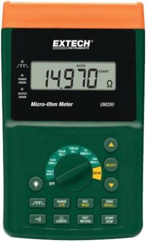 Extech UM200 High Resolution Micro-Ohm Meter with NIST Cerificate; Precision meter provides resolution down to 1uOhm; 6 ranges with 3 sub-ranges in each current range; Measurement of resistive and inductive materials; 5-Digit backlit LCD, PC interface; Auto or Manual ranging, 10A maximum test current; Store/Recall up to 3000 measurements; UPC 793950380215 (UM200NIST UM200 NIST UM-200 UM 200)