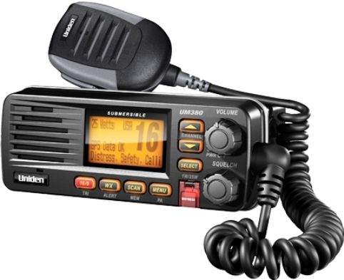 Uniden UM380BK Class D Full - Feature Fixed Mount VHF Marine Radio, VHF Frequency Band, 16/9/Tri Instant Channels, 25 W Output Power, Specific Area Message Encoding Alert Technology, Submersible Features, Rugged microphone with channel 16/9 and triple watch select keys, Orange backlit text display shows channel names, radio menu, DSC features and GPS data, Black Finish, UPC 050633501429 (UM380BK UM-380BK UM 380BK UM380-BK UM380 BK)