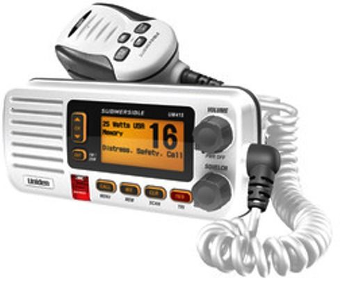 Uniden UM415WH Full Featured VHF Marine Radio, VHF Frequency Band, 16/9/Tri Instant Channels, 25 W Output Power, Class D Digital Selective Calling, 18 V DC Input Voltage, Ultra Compact Rugged Construction, S.A.M.E Emergency/Weather Alert, JIS8 submersible, UPC 050633501290 (UM415WH UM-415-WH UM 415 WH UM415 UM-415 UM 415)
