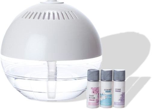 Ja Clean USJ-802 Aroma Globe; Uses tap water to freshen and cleanse the air; Acts as a mini-humidifier; Neutralizes unpleasant odors; Colorful mood lighting within dome; Promotes relaxation; Combine with aromatic oils; Three aroma oils included, Cherry Blossom, Ocean Mist, Jasmine; Dimensions 7.5