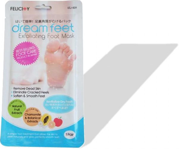 Ja Clean USJ-809 Dream Feet Exfoliating Foot Mask, One Pair; Convenient, wearable mask socks; Peels away calluses and dead cells in 2 weeks; Smoothes and nourishes the skin; All-natural papaya, lemon, apple, orange extracts remove calluses; Chamomile extract calms freshly exfoliated skin; Dimensions 9.5