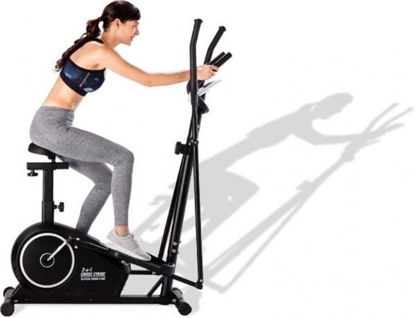 Ja Clean USJ-868 Cross Stride 2-In-1; Total-body workout; Two machines in one: elliptical trainer + stationary bike; Tracks time, distance, speed, calories burned, and pulse rate; Tension control: 8 levels of resistance available; Adjustable seat; Tablet holder; Dimensions 16