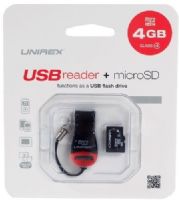 Unirex USR-042 USB Reader with 4GB MicroSD; USB 2.0 Reader works as a USB flash drive and supports removable microSD card (included) of up to 32 GB; Compatible with Windows and Macintosh OS 9.0 or later; Ideal for storing essential digital content such as high quality photos, videos, music and much more; Functions as a USB flash drive; UPC 789217190420 (USR042 USR 042 US-R042) 