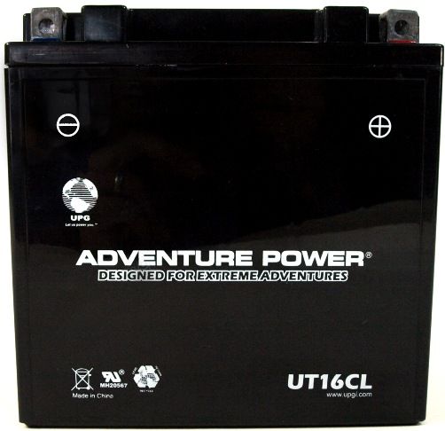 UPG Universal Power Group UT16CL Adventure Power Lead Acid Sealed AGM Battery, 12 Volts, 19 Ah Nominal Capacity (10H-R), 5.1A Recommended Maximum Charging Current Limit, 14.8VDC/Unit Average al 25C Equalization and Cycle Service, E Terminal, Specially designed as a high-performance battery used for motorcycles, UPC 806593420351 (UT-16CL UT 16CL UT16-CL UT16 CL)