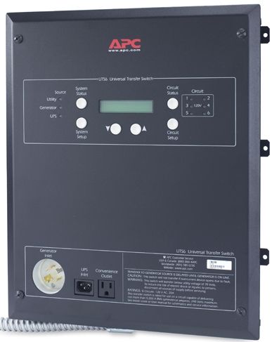 APC American Power Conversion UTS6 Universal Wall-mount Transfer Switch 6-Circuit 120V, Black, LCD display, Input Frequency 47 - 63 Hz, Maximum Line Current per phase 20A, Multiple mounting methods, Dual Input Power Sources, LED status indicators, Manual maintenance bypass, Real-time load status (UTS-6 UT-S6)