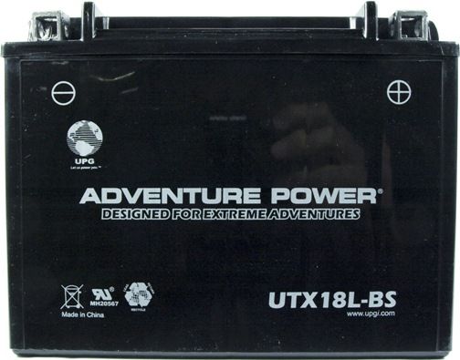 UPG Universal Power Group UTX18L-BS Adventure Power Lead Acid Dry Charge AGM Battery, 12 Volts, 18 Ah Nominal Capacity (10H-R), 5.4A Recommended Maximum Charging Current Limit, 14.8VDC/Unit Average al 25C Equalization and Cycle Service, G Terminal, Specially designed as a high-performance battery used for motorcycles, UPC 806593420078 (UTX18LBS UTX18L BS UTX-18L-BS)