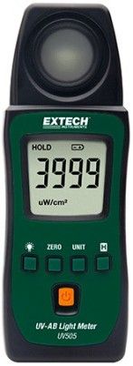 Extech UV505 Pocket UV-AB Light Meter, Measure UV-AB Light from Natural and Artificial Light Sources; Sensor wavelength range 290 to 390nm; UV sensor with cosine correction measures irradiance from UV-AB light sources up to 40.00 mW/cm2; Backlit LCD for easy viewing; Zero function; Data Hold freezes current reading on display; Tripod mount (optional TR100 Tripod sold separately); UPC: 793950215050 (EXTECHUV505 EXTECH UV505 LIGHT METER)