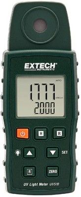 Extech UV510 UVA Light Meter, Sensor Wavelength Range 320 to 390nm, UV Sensor with Cosine Correction Measures Irradiance from UVA Light Sources Up to 20.00mW/cm, Backlit LCD to View in Dimly Lit Areas, Zero Function, Data Hold and Min/Max Functions, Auto Power Off with Disable, Tripod Mount; Complete with Wrist Strap, Light Sensor Cover, and Three AAA Batteries; UPC 793950215104 (UV-510 UV 510)