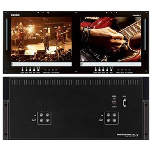 Marshall Electronics V-R102DP-2C Marshall 2 x 10.4in. Rackmount LCD Panel, Resolution (Pixels): 800 Wide x 600 High, Dot Pitch: .264mm square pixel, Contrast Ratio: 500: 1, System: NTSC/PAL auto rec, Inputs per panel (total): 2 (4) Composite per screen (RS-170A), Dimensions: 19.24