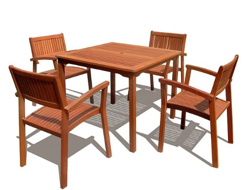 Vifah V1104SET1 Malibu Outdoor 5-piece Wood Patio Dining Set with Stacking Chairs; Outdoor Patio Dining Set; Malibu Outdoor 5-piece Wood Patio Dining Set with Stacking Chairs; Included 1 square table with umbrella hole (V1104) and 4 chairs (V1080); No cushion or pillows included; Fast and easy to assemble; Made from 100 percent Eucalyptus Hardwood; Natural Wood Finish; UPC: 8935083204415 (VIFAHV1104SET1 VIFAH V1104-SET1 V1104 SET1 MALIBU PATIO NATURAL)