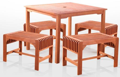 Vifah V1104SET1 Malibu Outdoor 5-piece Wood Patio Dining Set with Backless Chairs; Included 1 square table with umbrella hole (V1104) and 4 chairs (V1398); No cushion or pillows included; Fast and easy to assemble; Made from Eucalyptus Hardwood; Natural Wood Finish; Mold, mildew, fungi, termites, rot, decay-resistant and Weather-resistant; Outdoor Patio Dining Set; UPC: 8935083235426 (VIFAHV1104SET1 VIFAH V1104-SET1 V1104 SET1 MALIBU PATIO NATURAL)