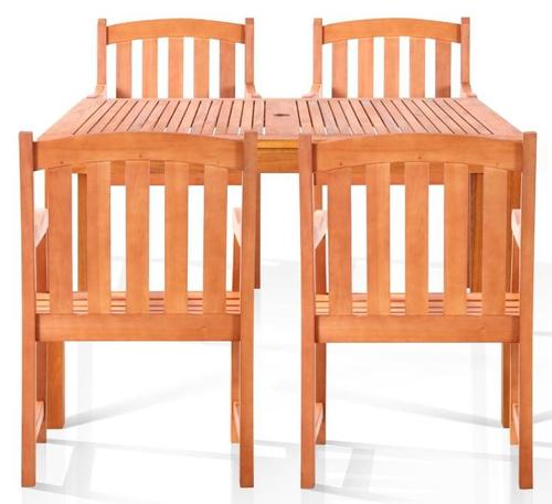 VIFAH V1395SET10 Edgewood Four-Seater Dining Set; Some assembly required; 1 table, and 4 armchairs; Oil Rubbed Finish; Eucalyptus Wood; Disassemblable two side table with umbrella hole; UPC 8935083246668 (VIFAHV1395SET10 VIFAH-V1395SET10 V1395SET10 V1395-SET10)