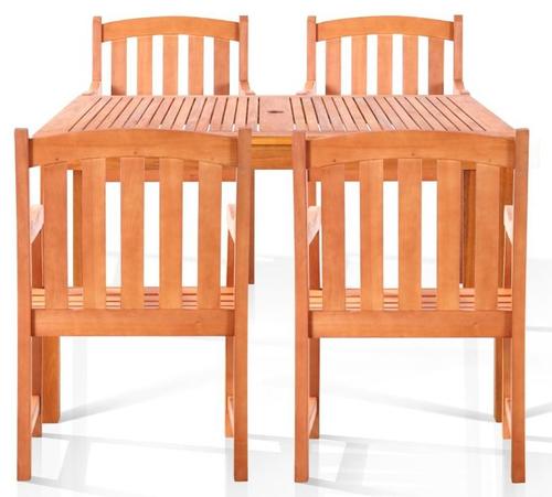 VIFAH V1395SET11 Coolidge Four-Seater Dining Set; Some assembly required; 1 table, and 4 armchairs; Oil Rubbed Finish; Eucalyptus Wood; Slatted table top with umbrella hole; UPC 8935083246675 (VIFAHV1395SET11 VIFAH-V1395SET11 V1395SET11 V1395-SET11)